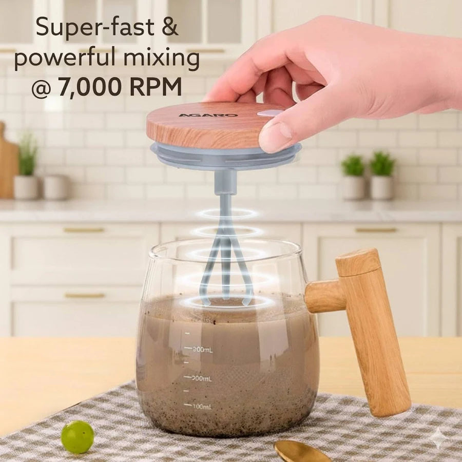 Glass Self Stirring Cup with Wooden Lid